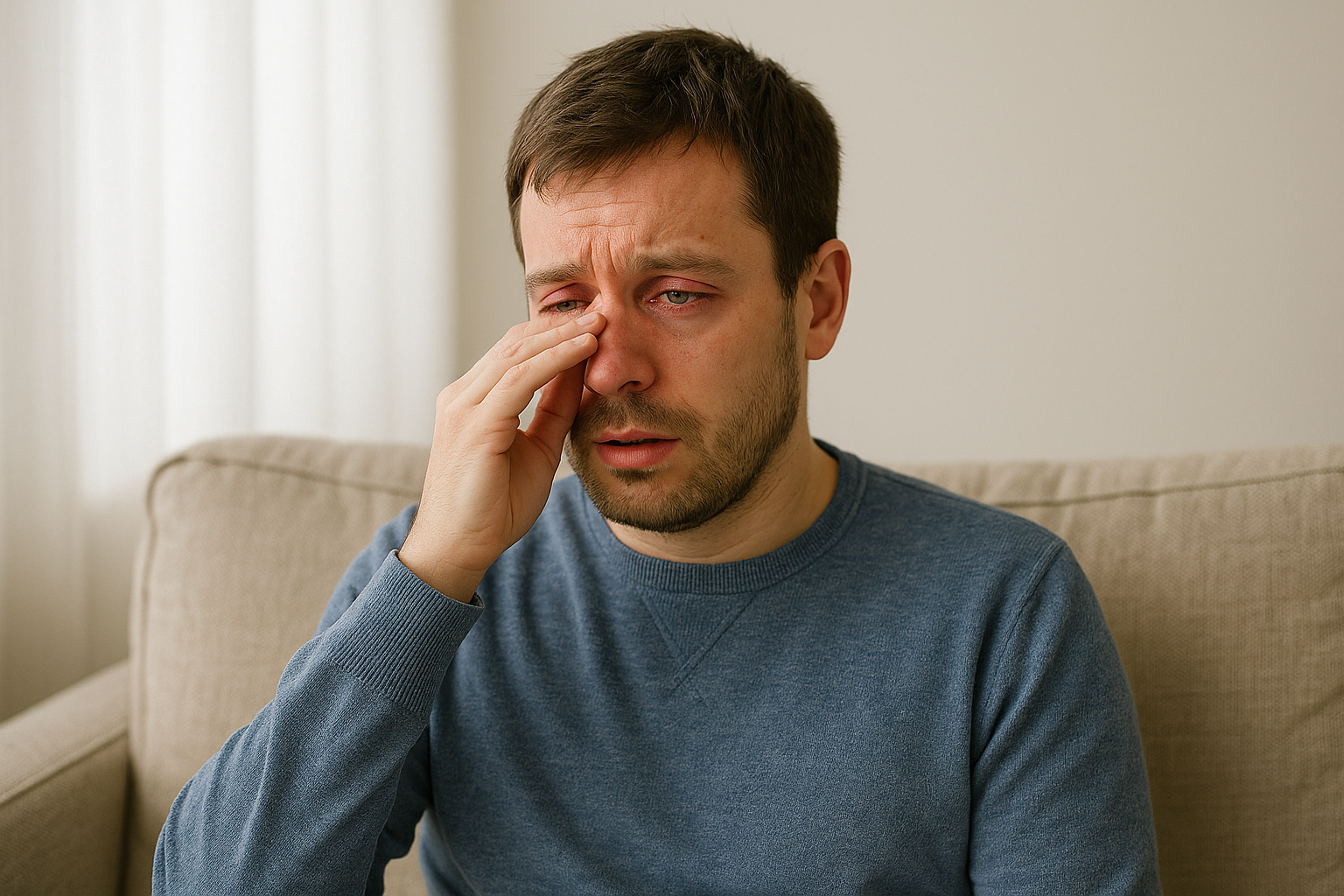 Ein Mann mit Allergien sitzt auf einem Sofa
