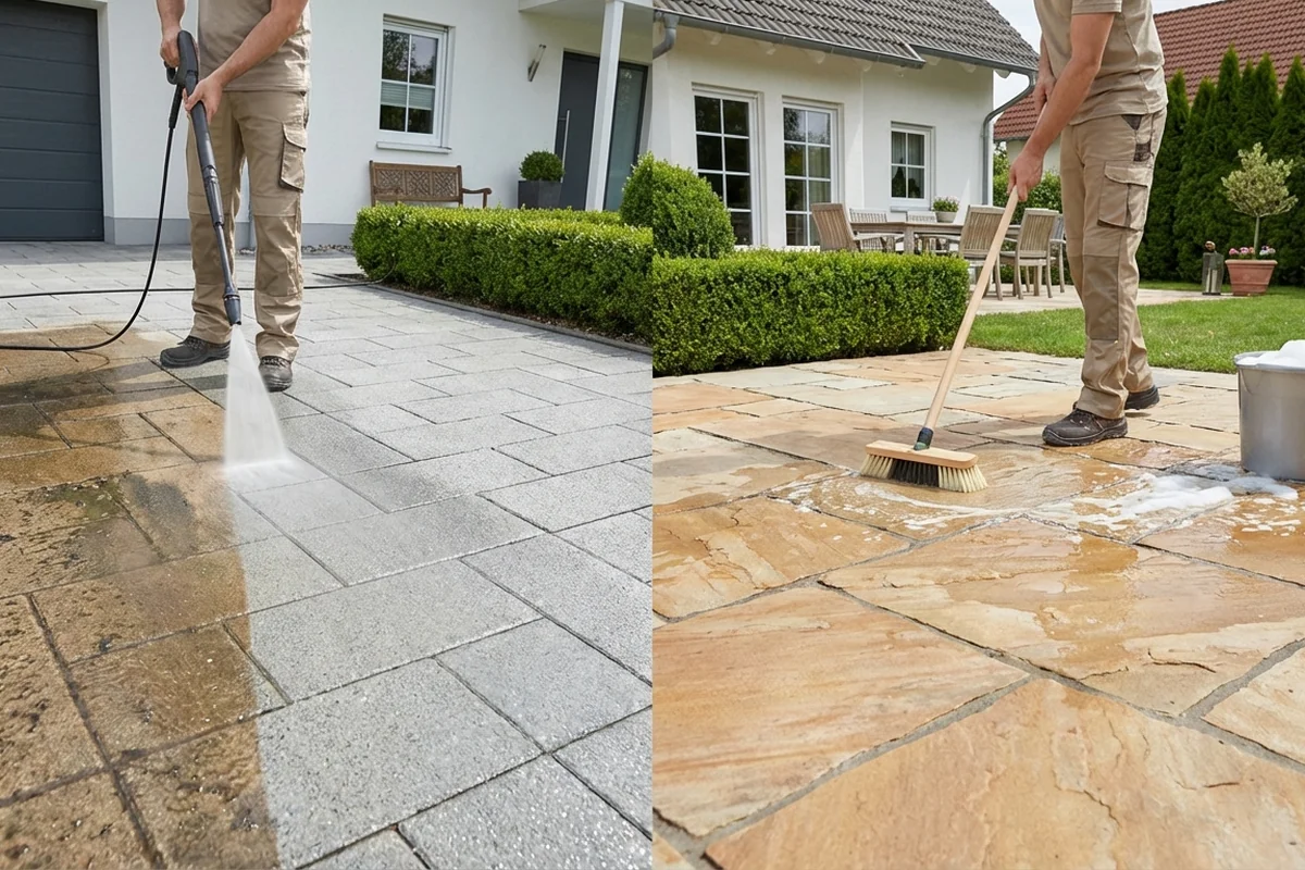 Betonpflaster vs. Naturstein reinigen: Methoden im Vergleich